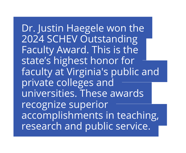 Dr Justin Haegele won the 2024 SCHEV Outstanding Faculty Award This is the state s highest honor for faculty at Virginia s public and private colleges and universities These awards recognize superior accomplishments in teaching research and public service